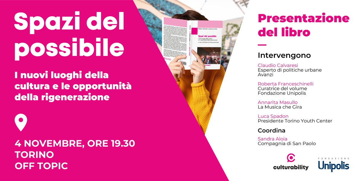 SPAZI DEL POSSIBILE fa tappa a #Torino. Appuntamento il 4/11 da OFF TOPIC per confrontarci con <a href="/larobbi/">Roberta Franceschine</a> (curatrice e <a href="/fondunipolis/">Fondazione Unipolis</a>) <a href="/calvaresi_c/">claudio calvaresi</a> (@avanzi_ ) Annarita Masullo (La Musica che Gira) Luca Spadon (TYC). Coordina Sandra Aloia <a href="/CSP_live/">Fondazione Compagnia San Paolo</a>

Info > t.ly/JG1c