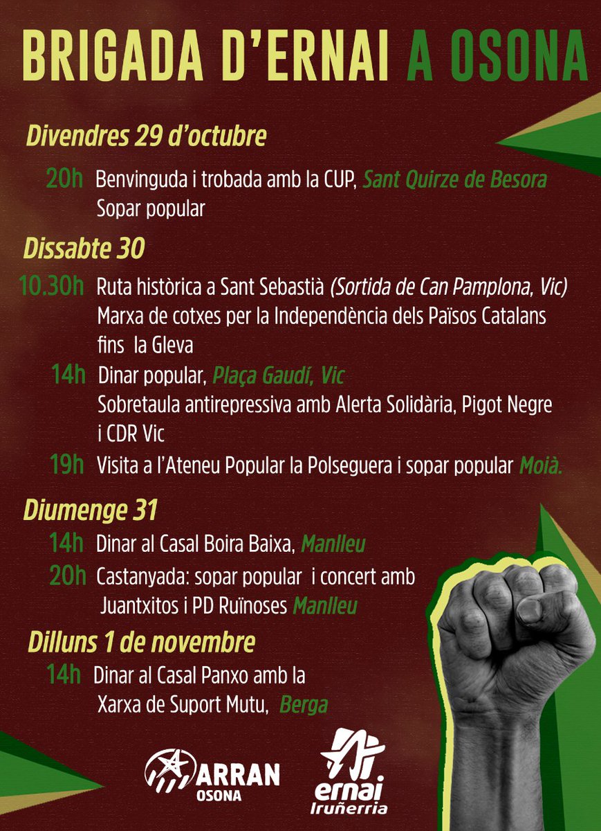 ArranOsona's tweet photo. 🗣️ El proper cap de setmana de Castanyada, una brigada de l'organització germana @ernai_irunerria visitarà #Osona i voltants!

🗓️ Us deixem amb la programació d'activitats organitzades, obertes a tothom amb ganes de compartir espai amb les companyes d'Euskal Herria! 🔥🇪🇦🌰 https://t.co/LsoqLDamqK