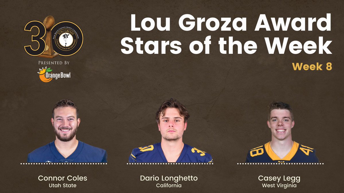 LouGrozaAward's tweet image. Here are the Week 8⃣ Stars of the Week!

⭐️ @USUFootball's @ColesKicking 
⭐️ @CalFootball's @DarioLonghetto  
⭐️ @WVUfootball's Casey Legg

Vote for your favorite Star here: lougrozaaward.com/21SOTW8