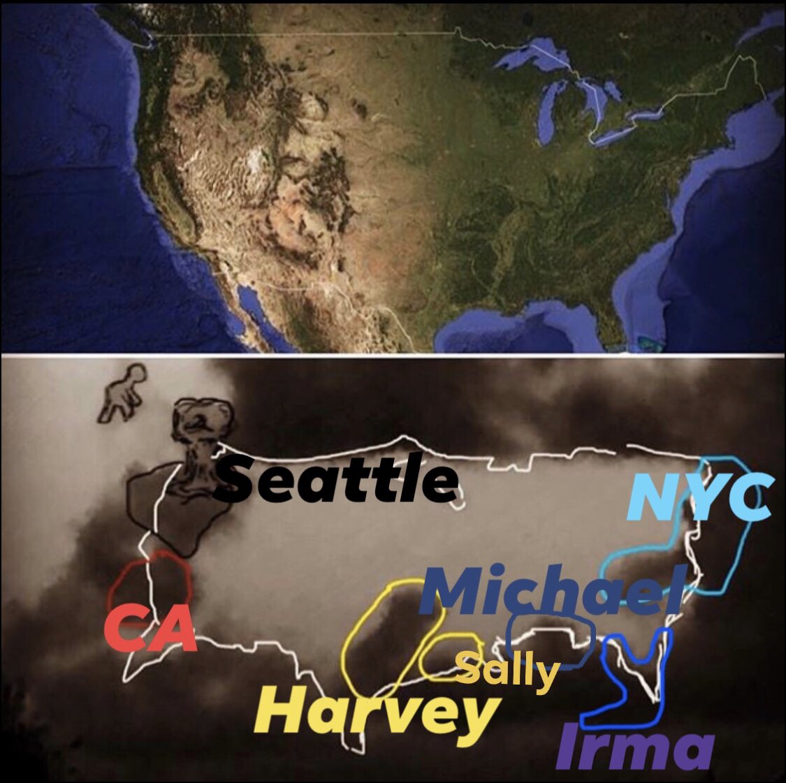 RealHRH_Richard's tweet photo. @FoxNews @AP @Reuters @MSNBC @CNN @AFP Remember my Hurricane #prophesy #CloudMap of #USA? Left to go was #NYC (the big one) & #Seattle. Well the West Coast has just been hit with two dead in Seattle being described as a #BombCyclone! Remember I put a bomb symbol over Seattle! 8ن https://t.co/K1ovUDNlKt