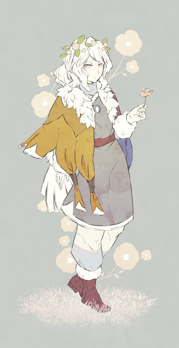 solo flower white hair long hair full body fur trim 1girl  illustration images