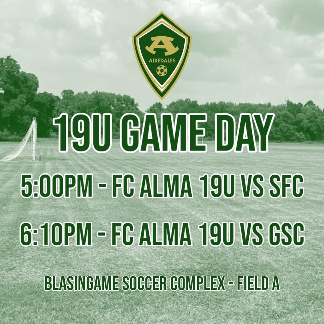 AlmaSoccerClub's tweet photo. 19U game day! Our FC Alma 19U boys will be playing this evening at the Blasingame Soccer Complex starting at 5PM! Be sure to bring a chair! #FCAlma #only1Airedale https://t.co/yQUsehQVwH