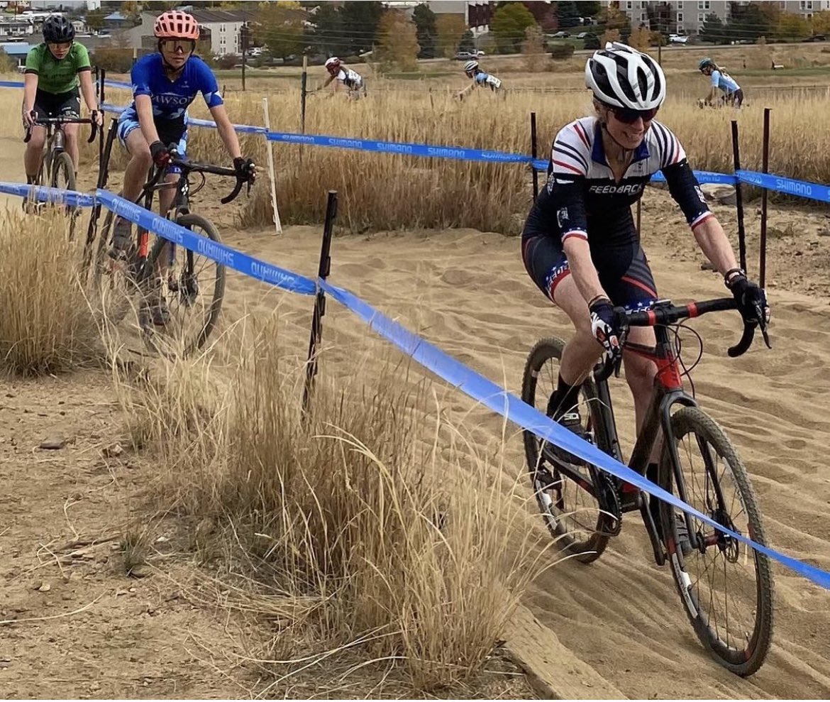 dawson_mustangs's tweet photo. Cyclocross: Dawson team had its 1st student race in the open category! Rylie Cahill moved from Cat4 to Cat3 so, looking for competition, raced in Womens Open at AmyD race. Fun for Coach Barker to race against one of her own riders! #dawsonpride #nothingwithoutlabor @BoCoPreps https://t.co/mL3dbmlUEC