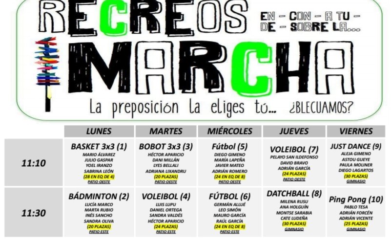 RECREOSMARCHA1's tweet photo. Retomamos nuestros Recreos en Marcha por sexta edición 💪🏽💚, ya dentro del Programa para el Impulso de Vida Activa, el alumnado BTO prepara en EF actividades para el ESO. Just Dance, Voleibol, Bobot, Futsal,... opciones para tod@s y más de 230 incripciones!! Acti@s y segur@s 😷 https://t.co/dJL1vqrMAk