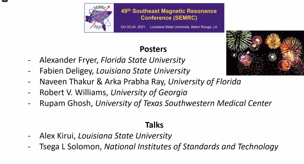 The 49th Southeastern Magnetic Resonance Conference ended yesterday with poster &amp; talk prizes.  Rupam <a href="/RupamGh69658772/">Rupam Ghosh</a> from our group was one of the winners!  Thank you Megan Macnaughtan, Anant Paravastu and Tuo Wang for organizing and <a href="/LSU_Chemistry/">LSU Chemistry</a> for hosting.