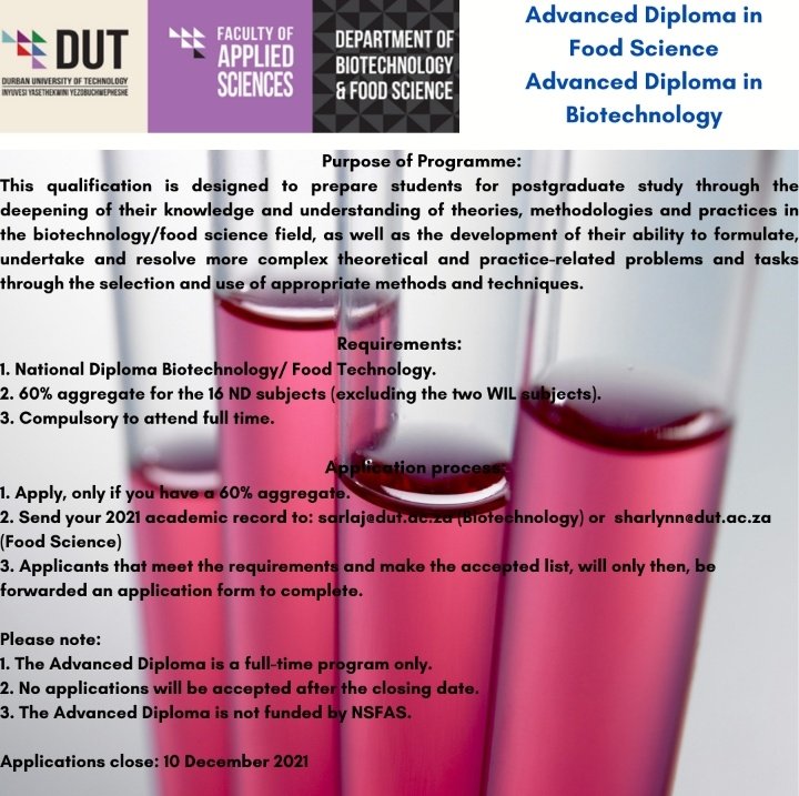 DutBiotechFood's tweet photo. 💡New closing date for Advanced Diploma  (Biotechnology/ Food Science) applications: 10 December 2021 https://t.co/xHgjZOK6Tl
