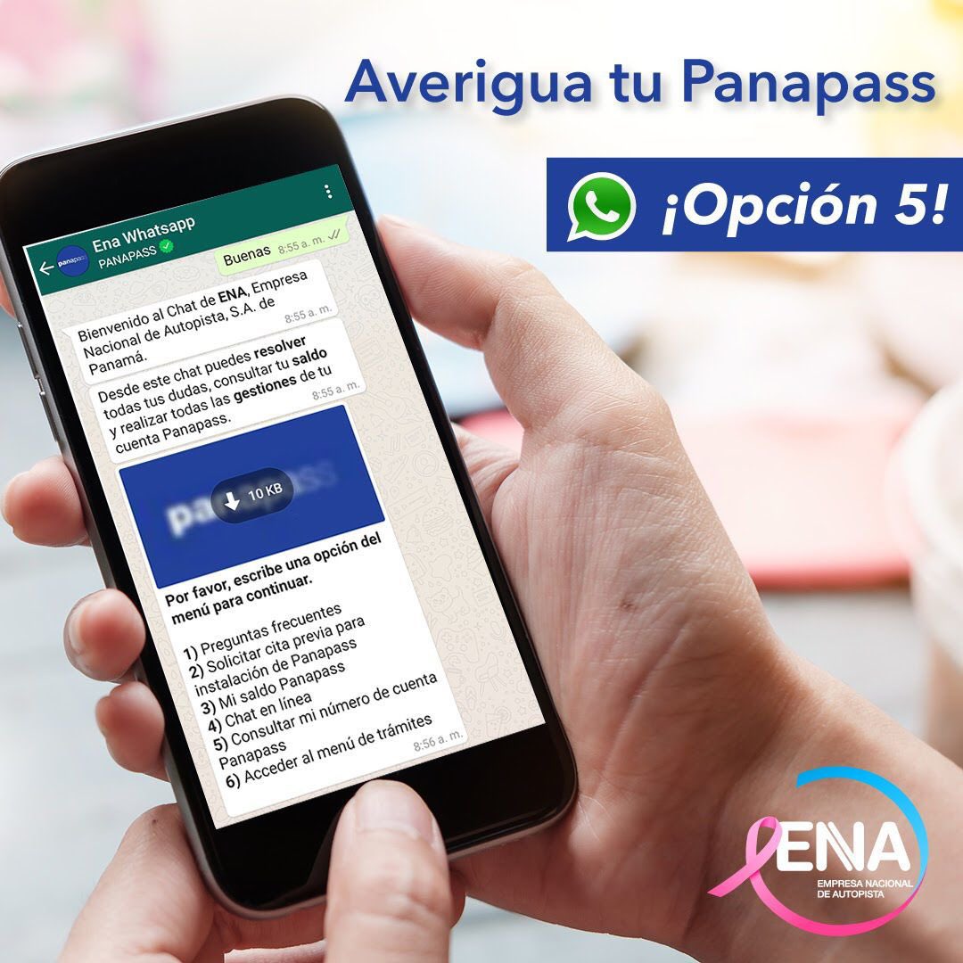 AlvaroAlvaradoC's tweet photo. Si no te sabes el número de tu panapass, ¡Tranquilo! Chatea a nuestro Whatsapp; escoge la opción 5 y sigue los pasos que ahí te aparecerán. ¡Es muy fácil y rápido! https://t.co/Oo5vkuJ1EX WhatsApp 6739-5810 #ena #panapass #panama #corredores #autopista #ciudad #información https://t.co/NEFDP1QjSV