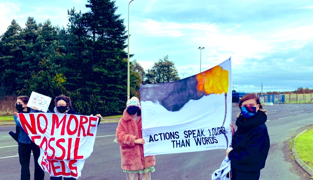 ASLTWScot's tweet photo. Like many communities impacted by #FossilFuel pollution our voice will not be heard #COP26 So we’re taking our message to the Global Day of action for #ClimateJustice on 6th Nov.Look for our #FlareToCop banner See you on the Streets #NoFutureInFossilFuels @ASLTWScot @Mossflare1 https://t.co/NTOAFS3Cdh