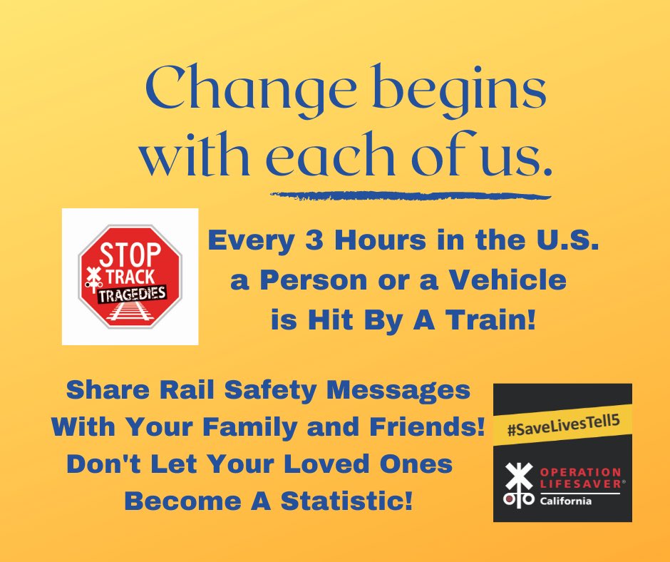 CAOpLifeSaver's tweet photo. Together we can raise awareness and #SaveLives. Share #RailSafety messages with your loved ones! #NeverWalkOnTrainTracks #NeverTryToBeatATrain #ChangeBeginsWithUs #SaveLivesTell5 https://t.co/tsXcdzGlpi