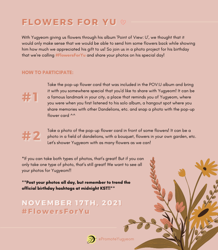 PromoteYugyeom's tweet image. [🥳🥳🥳]

Join us in celebrating #Yugyeom&apos;s birthday with our Flowers For Yu photo event 🌼

We&apos;re currently taking submissions if you&apos;d like your photo to be included in a video (reply below to save a spot):
➡️ forms.gle/SjDrak4gM3mp9R…
⏰ Nov. 9 @ 1:59PM KST

#유겸 @yugyeom