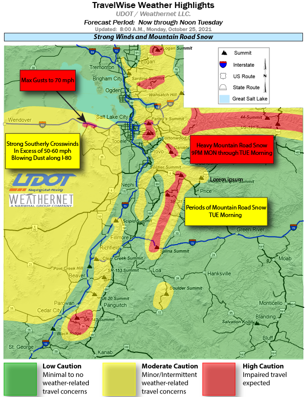 UDOTTRAFFIC's tweet image. Road Weather Alert: Strong Winds will continue through 6 PM today ahead of a robust cold front. 8PM MON through 12 PM TUE expect snow to impact corridors through the mountains. For more info: udot.utah.gov/go/weather

#utwind #utwx @UtahTrucking