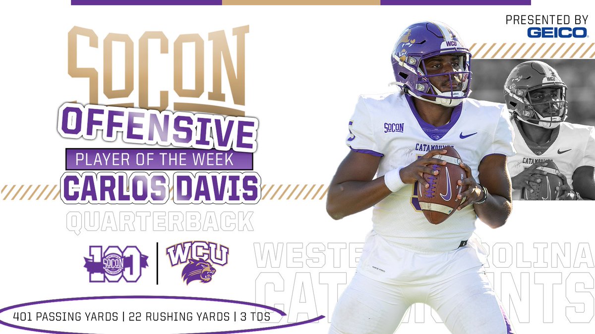 SoConSports's tweet photo. 𝘾𝙖𝙧𝙡𝙤𝙨 𝘿𝙖𝙫𝙞𝙨 is the #SoConFB 𝙤𝙛𝙛𝙚𝙣𝙨𝙞𝙫𝙚 player of the week presented by @GEICO💪

📰https://t.co/8W1ujIFqxo

#SoConFB🏈 x @CatamountsFB https://t.co/WP1vcltIrp