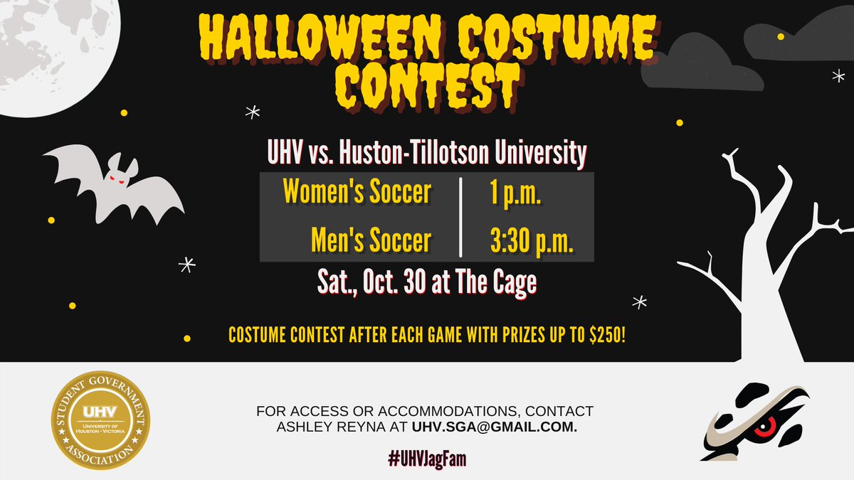 SGAUHV's tweet photo. Do you want to show off your Halloween Costume Contest? SGA is hosting a costume contest this Saturday, October 30th after the Women's and Men's soccer games. Up to $250 worth of prizes can be won? https://t.co/PCbAf3i63A