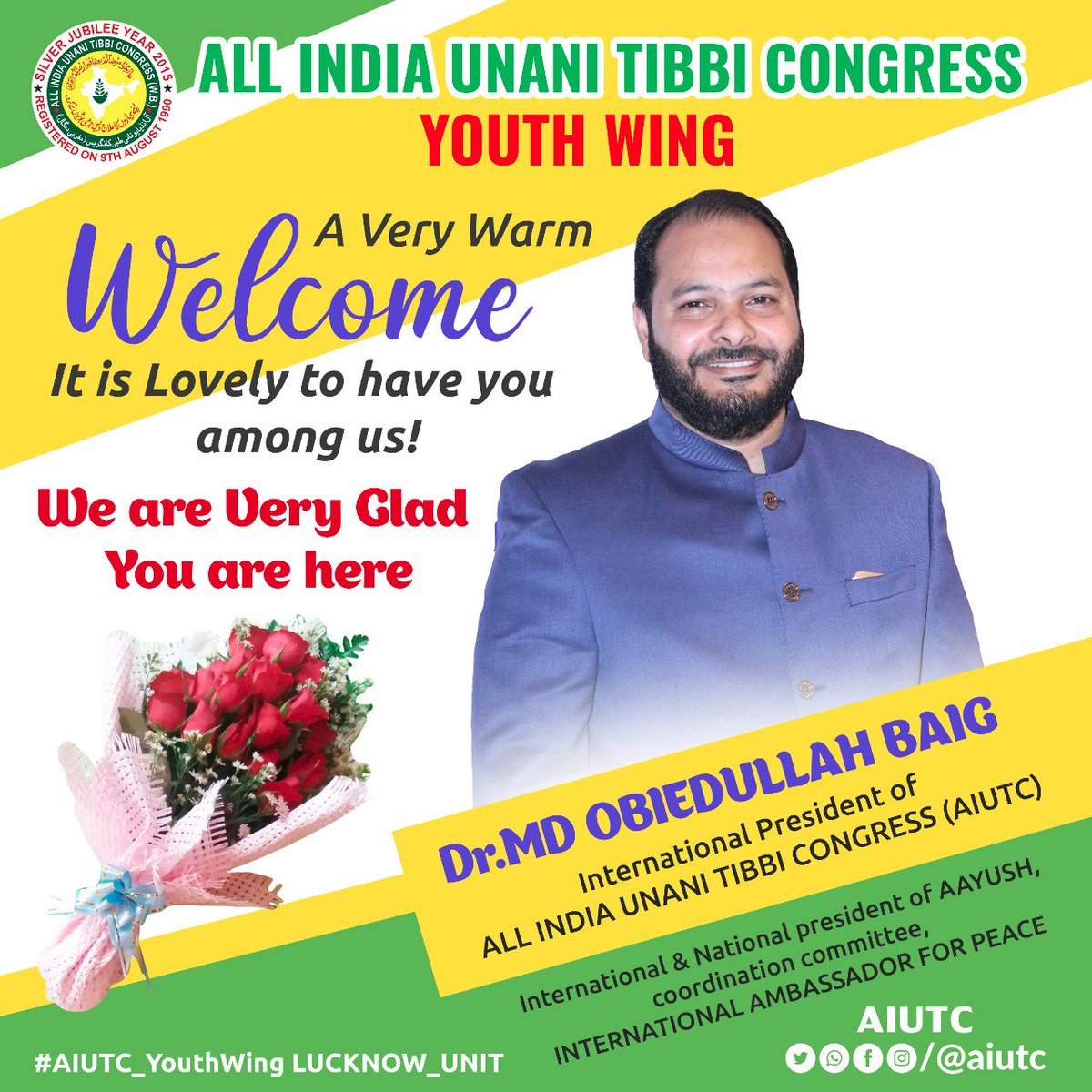 AIUTC_YouthWing's tweet photo. @AIUTC_YouthWing  A Very Warm Welcome
It is Lovely to have you among us!
To You
https://t.co/zQB7BhH56s OBIEDULLAH BAIG 
International President of ALL INDIA UNANI TIBBI CONGRESS
💐💐💐💐💐💐💐
#dr_Furqan_Raza
@KhanSaud19
@DrMohdSadique1
@drmdaarif360 
@AnasKha82328771 https://t.co/0XjsdW4yJt