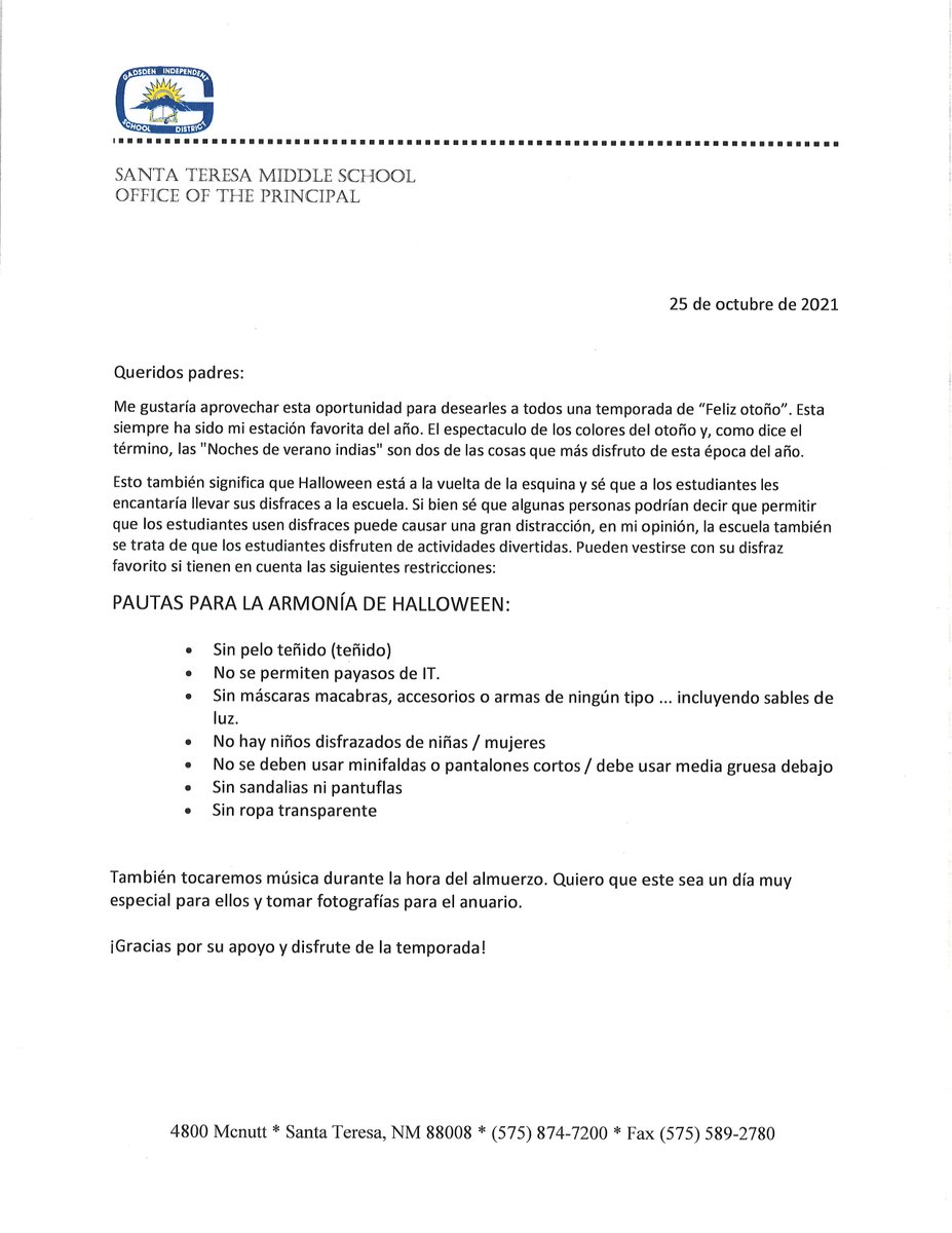MiddleSanta's tweet photo. HALLOWEEN  GUIDELINES:
•No dyed hair
•No IT clowns allowed
•No ghoulish masks, accessories, or weapons of any sort to include lightsabers.
•No boys dressed as females
•No miniskirts or shorts/Leggings must be worn.
•No sandals/slippers
•No see-through clothing https://t.co/xxp80AZfwP
