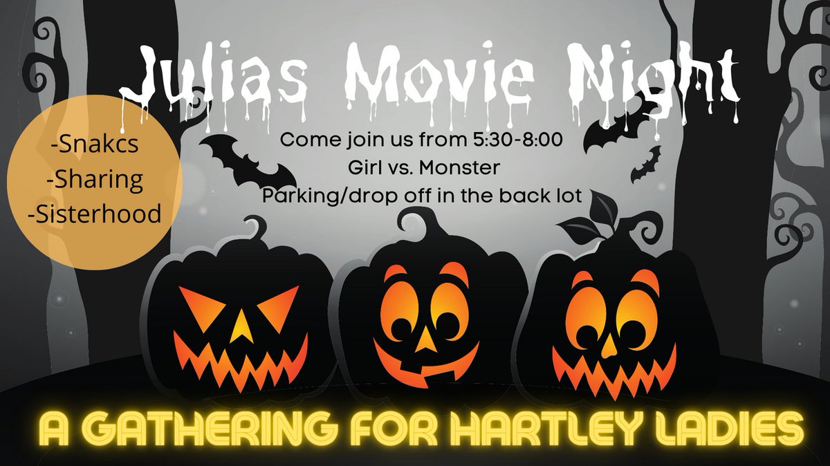 BHHSCM's tweet photo. Julias Club Movie Night! Join other Hartley girls for a fun night of sharing and movie watching. Tonight's feature: Girl vs. Monster. What are you afraid of? https://t.co/k4hixttrB4