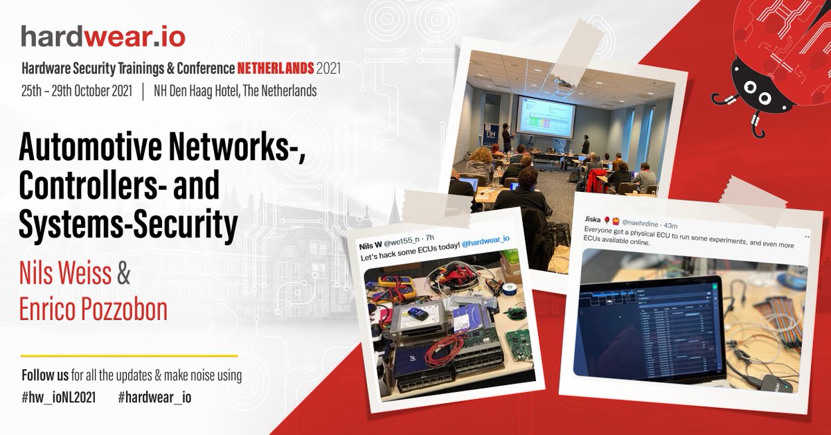 😎 ECU's in line getting hacked🚗 at #hardwear_io Netherlands #Training 2021 

🔬ECU's with every student in the lab sessions

🟢Live from Automotive Networks-, Controllers- &amp; Systems Security training by <a href="/we155_n/">Nils</a> <a href="/epozzobon/">Enrico Pozzobon</a> 

#hw_ioNL2021 #carhacking #automotivesecurity