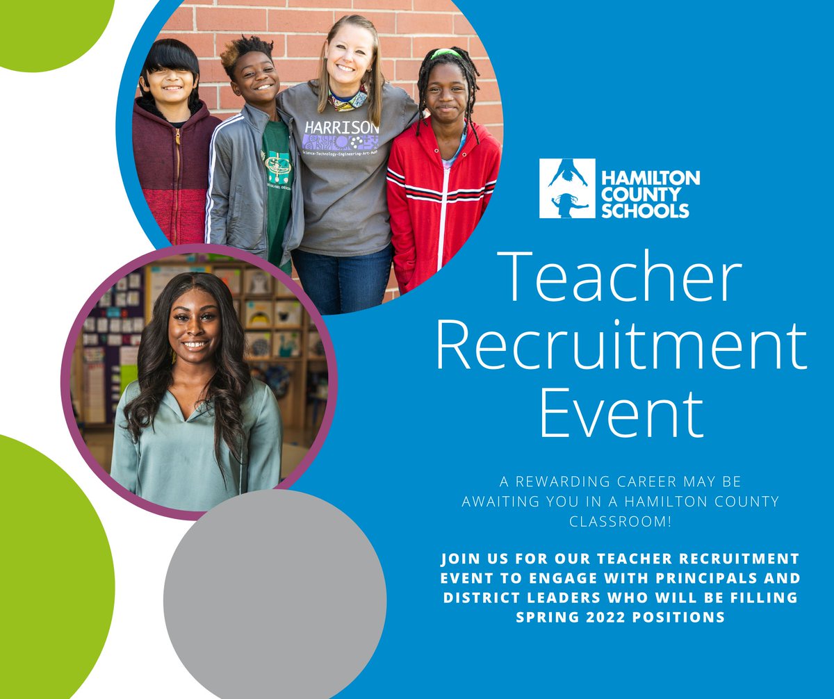 Hamilton County Schools is seeking outstanding teachers for Spring 2022 positions! At HCS, we are building bright futures for all of our students, and we are looking for both experienced and new teachers to join us.

See more details on this event here: fb.me/e/2BWHkEc7F