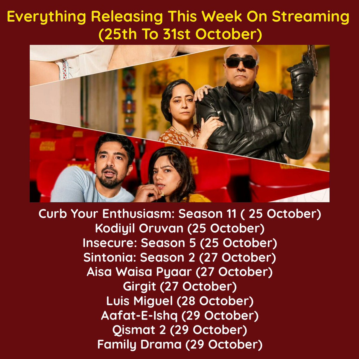 mytentaran's tweet photo. Everything Releasing This Week On Streaming (25th To 31st October)
#Tentaran #WebSeries #India #AmazonPrimeVideo #AisaWaisaPyaar #AdahSharma #Girgit #Mxplayer #Aafateishq #Qismat2
#WebSeries2020 #DisneyPlusHotstar https://t.co/2dqKLcQ7NX