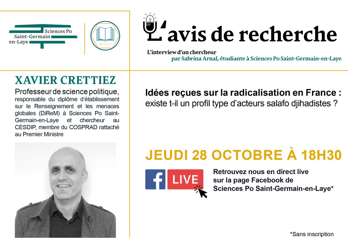 SciencesPoSGL's tweet photo. [Recherche] 🚨 C’est jeudi à 18h30 en live sur le Facebook de @SciencesPoSGL 🚨
👉Venez parler #radicalisation avec Xavier Crettiez (@SciencesPoSGL &amp; @cnrs23558778) en direct dans L'AVIS DE RECHERCHE.
Vous pourrez poser toutes vos questions dans le chat. https://t.co/A5rjUJuwVR