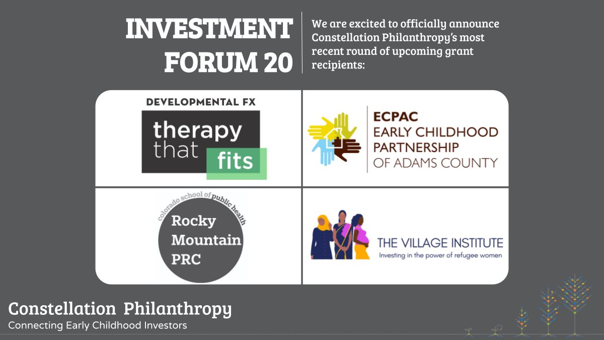 Constellation Philanthropy hosted our 20th (!!!) Investment Forum on October 14th. We couldn't have asked for a better group of future grantees to mark this milestones with: <a href="/Developmentalfx/">Developmental FX</a> <a href="/RMPRC/">Rocky Mountain Prevention Research Center</a> <a href="/ECPAC123/">Early Chilhood Partnership Adams Co</a> #TheVillageInstitute