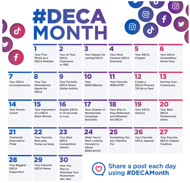 Glendale DECA (@glendaledeca) on Twitter photo REMINDER! #DECAMONTH Starts in 6 days- Make sure you DM your photos along with what day you want to be featured to our Instagram <a href="/GlendaleDECA/">Glendale DECA</a> β€οΈπ<a href="/DECAInc/">DECA Inc.</a> <a href="/MissouriDECA/">Missouri DECA</a> REMINDER! #DECAMONTH Starts in 6 days- Make sure you DM your photos along with what day you want to be featured to our Instagram <a href="/GlendaleDECA/">Glendale DECA</a> β€οΈπ<a href="/DECAInc/">DECA Inc.</a> <a href="/MissouriDECA/">Missouri DECA</a>