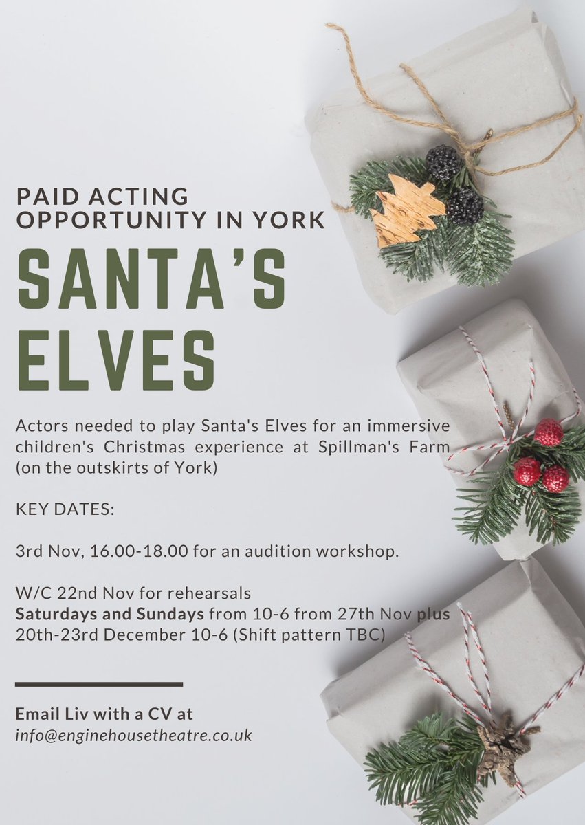 Engine_House's tweet image. 📣 PAID ACTING OPPORTUNITY 📣

There is still time to be part of the Spilmans Farm Pick Your Own Christmas experience. We are looking for actors to play Santa's Elves and other festive roles. Part-time work.🎅🏼 

Email your CV at info@enginehousetheatre.co.uk