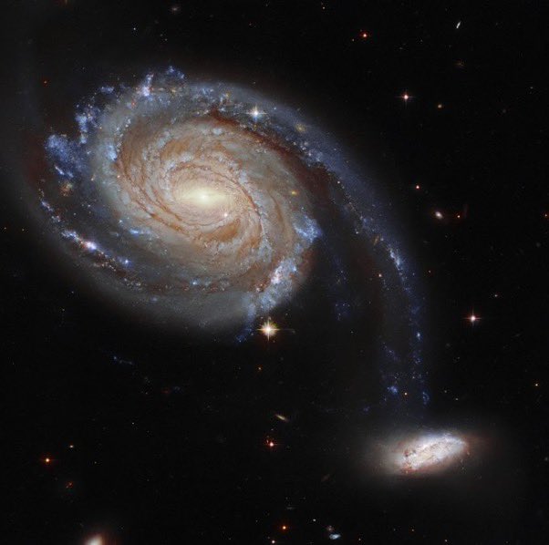 In a galaxy (or two) far,far away (220 million light yrs away in fact). 

The gravitational battle between these two galaxies won’t end well for the smaller one which will either be tossed out into intergalactic space or subsumed by it’s much larger neighbour. 📸<a href="/esa/">European Space Agency</a>/<a href="/NASAHubble/">Hubble</a>