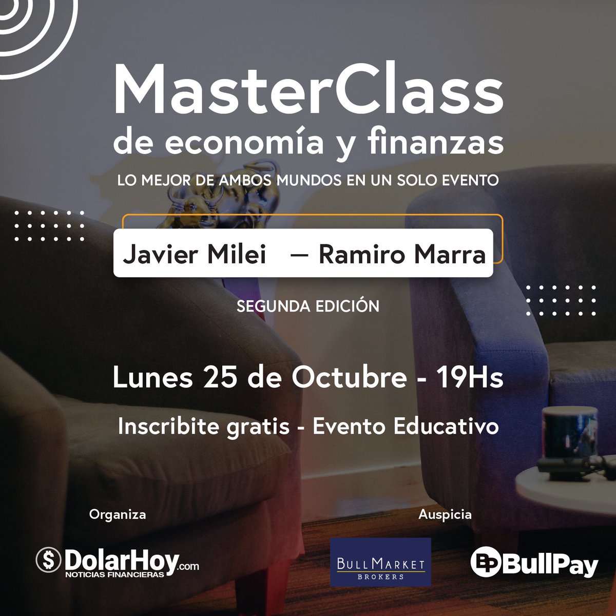 LLibertadAvanza's tweet photo. ATENCIÓN: Hoy a las 19hs @JMilei y @RAMIROMARRA estarán dando una MasterClass de economía y finanzas.
La clase será online pero vamos a sortear 10 cupos presenciales!
Para participar del sorteo deben usar el hashtag #MileiMarra 

Link para inscribirse: https://t.co/zRFgIDwahr https://t.co/Sw62ejPEcA