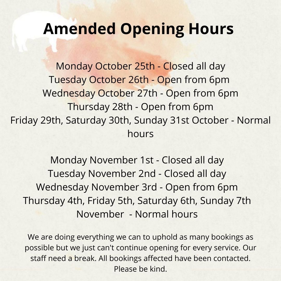 thepottedpig's tweet photo. Sadly due to staff shortages we are forced to amend our opening hours for the next few weeks - we are doing everything we can to uphold as many bookings as possible but we just can't continue opening for every service. All bookings affected have been contacted. Please be kind ❤️ https://t.co/ziynYLTQId