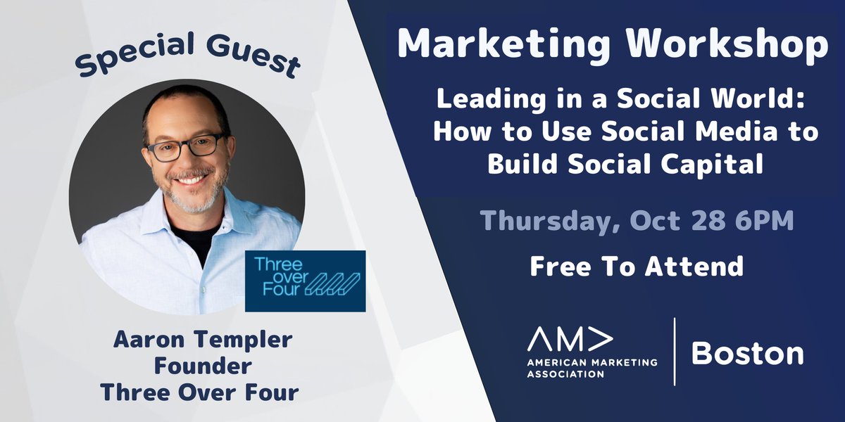 Join us for a FREE Virtual #Marketing Workshop: How To Use #SocialMedia to Build Social Capital w/ @AaronTempler, <a href="/three_over_four/">Three Over Four</a> founder &amp; author of Leading in a Social World w/ our <a href="/patbcooper/">Pat Cooper</a> &amp; <a href="/CGoodMarketing/">Chris Goodnow</a> Thurs, Oct 28 @ 6pm.

Free Registration: bit.ly/3pAoLWV