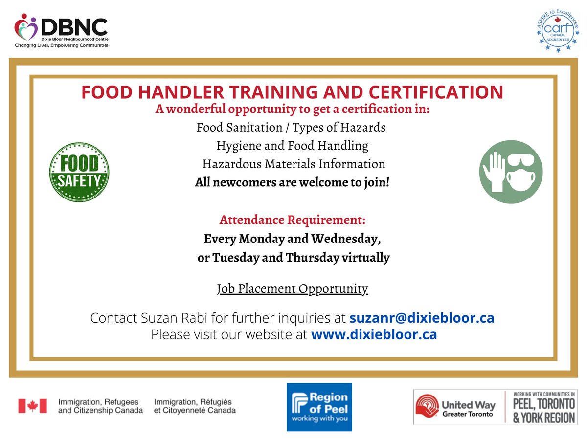 MyDBNC's tweet photo. Sign up for our food handler training and certification program! The new sessions are from November 8 to December 17. Contact us for more info and to register. #MyDBNC #DixieBloorCentre #FoodHandlerTraining #FoodHandlerCertification #FoodTraining #RegionOfPeel #MississaugaJobs https://t.co/AYFsMHIx77