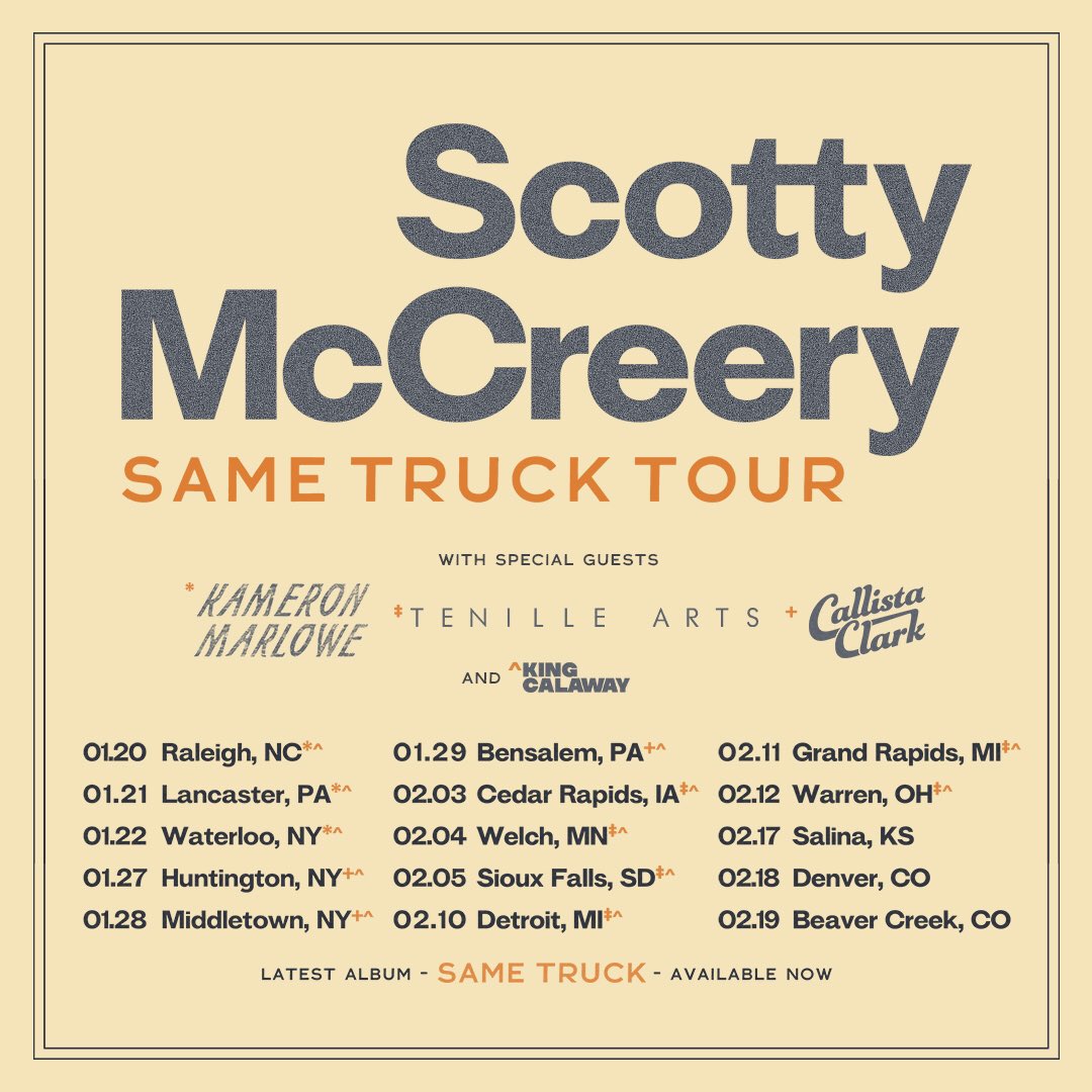 Scotty McCreery on X: "Fired up to announce the Same Truck Tour with  special guests @Kameron_Marlowe, @TenilleArts, @callistaclark and  @KingCalaway 🙌🏼 Tickets on sale Friday at 10am local time. Get yours at: