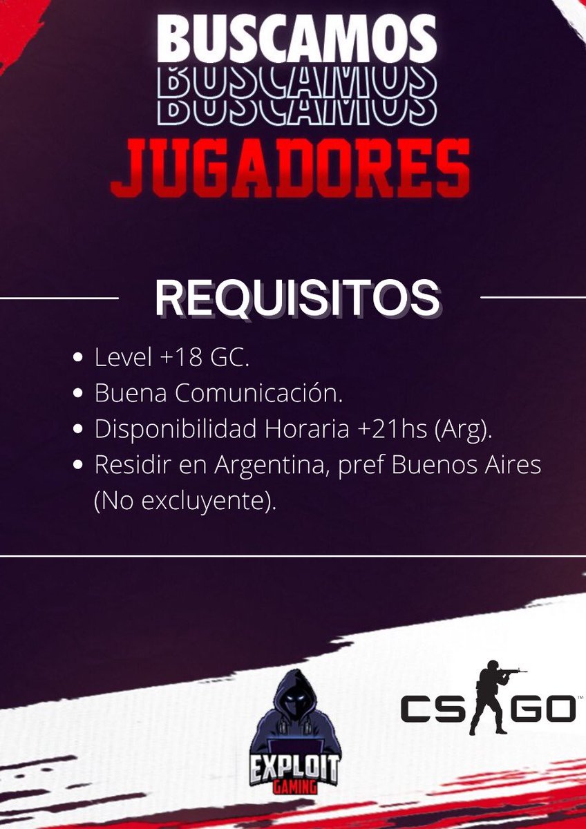 🧨 Estamos en la búsqueda de 2 Jugadores de CSGO para sumar a nuestra escuadra. Si cumplís con los requisitos no dudes en contactarnos 💪🏼. 
Se agradecen los RT's🧨.

<a href="/BusquedaEsports/">Búsqueda Esports</a>