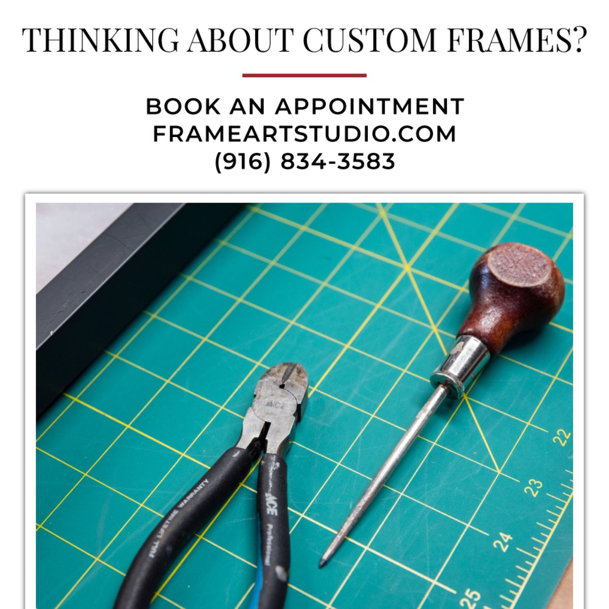 Thinking about custom framing? I’ll snip it in the bud for awl your framing needs! 😉 To get started on your custom frames today, call (916) 834-3583 or visit frameartstudio.com. #FramingTools #ToolOfTheTrade #PortolaSF #CustomFraming #FrameArtStudio