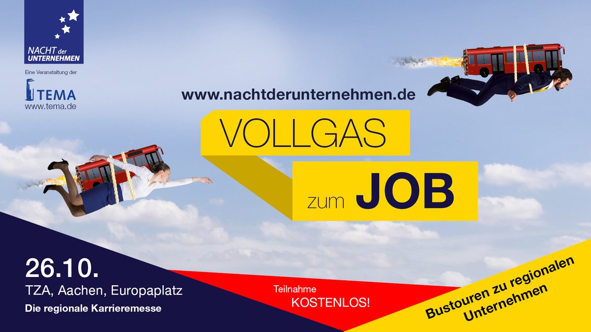 TemaMarketing's tweet photo. Traumjob in der Region Aachen gesucht? Dann besucht
morgen die Nacht der Unternehmen im Technologiezentrum am Europaplatz - die erfolgreichste Jobmesse für Absolventen, Berufseinsteiger und Fachkräfte. Zugang mit #3G. Teilnahme kostenlos. Anmeldung unter https://t.co/TgFNGz9BCj https://t.co/Vl7IABwUYS