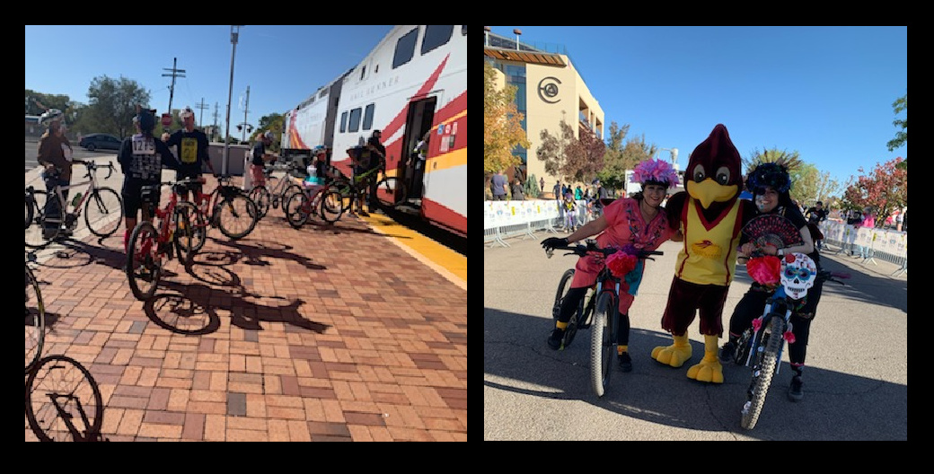 NMRXExpress's tweet photo. Day of the Tread 2021! Trax cheering on participants and loading of the train at the Los Ranchos Station for the Rail Runner Family Ride. #DayOfTheTread2021 #DOTT #NMRailRunner #GoTraxGo https://t.co/Bc1joFjwU1