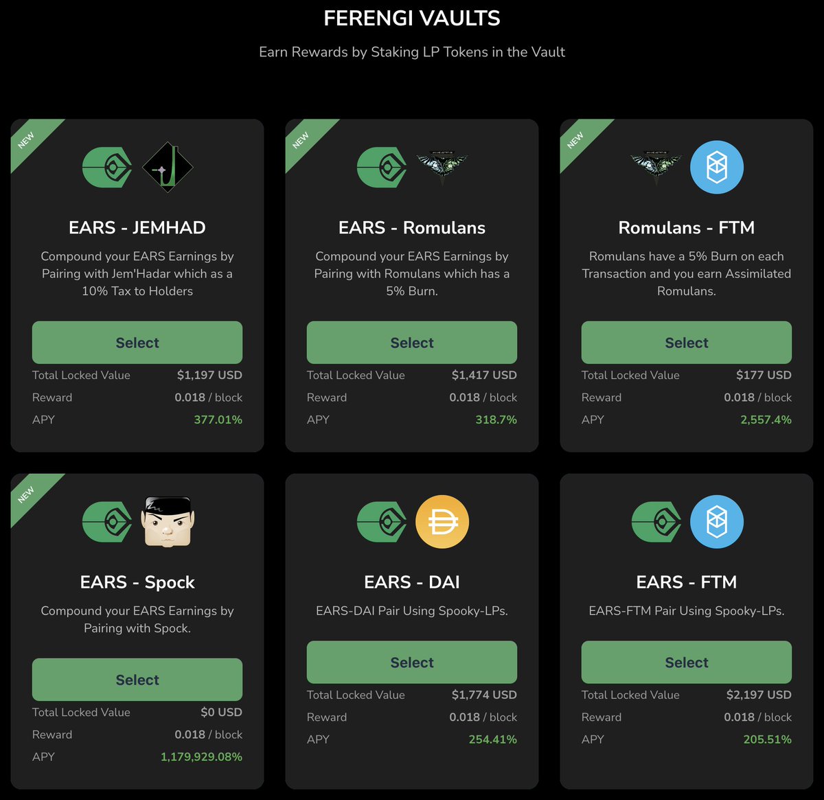 BORGSWAP.Exchange - Ferengi Vaults on #Fantom Update:
* $ROMS x $FTM - 2,557.4% APY
* $EARS x $FTM - 205.51% APY

New Pool:
* $SPOCK x $EARS - 1,179,929.08% APY

Earn More on #Fantom:
ftm-vaults.borgswap.exchange/#/Vaults