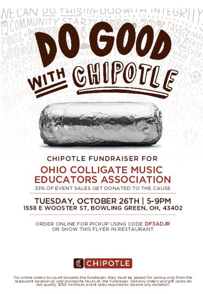 BGSUMusicEd's tweet photo. Come out to Chipotle  tomorrow and support our OCMEA chapter! Burritos and music education! Huzzah! https://t.co/lmGS54QEHL