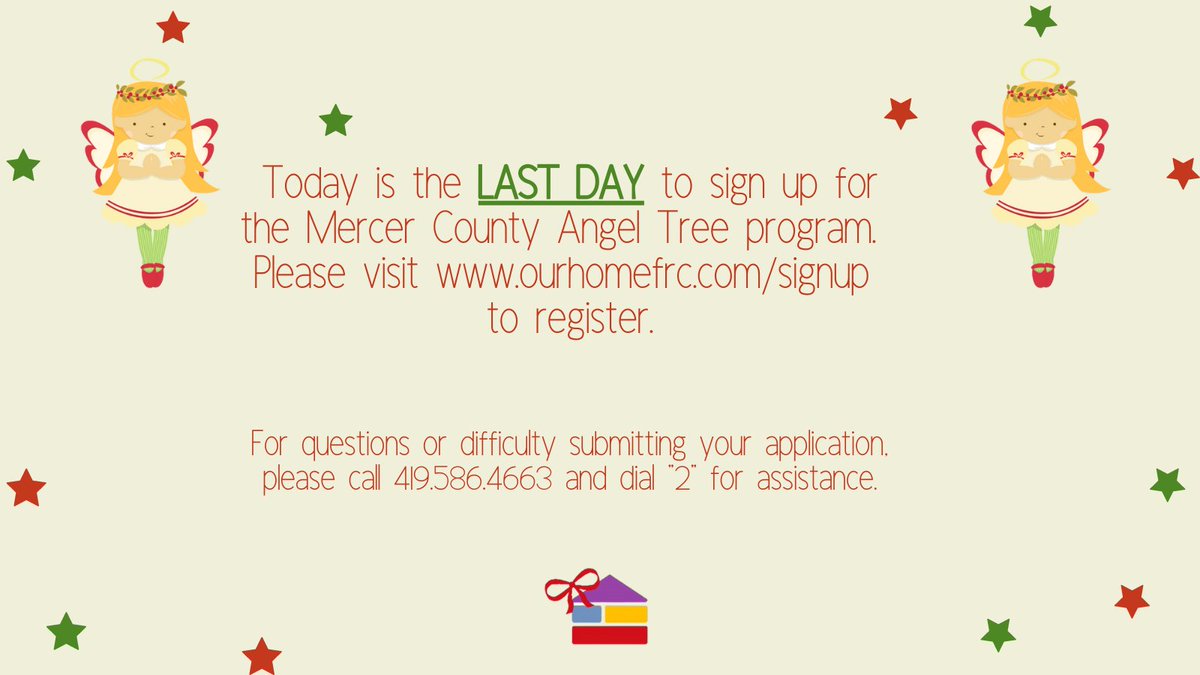 OurHomefrc's tweet photo. 🚨 LAST DAY TO REGISTER: Mercer County Angel Tree Program =>https://t.co/tObF7x3GHj  

Questions? Call 419-586-4663 (dial 2 for Direct Services) Monday-Thursday from 9am-12pm and 1pm-4pm. https://t.co/skpaOGpsJW