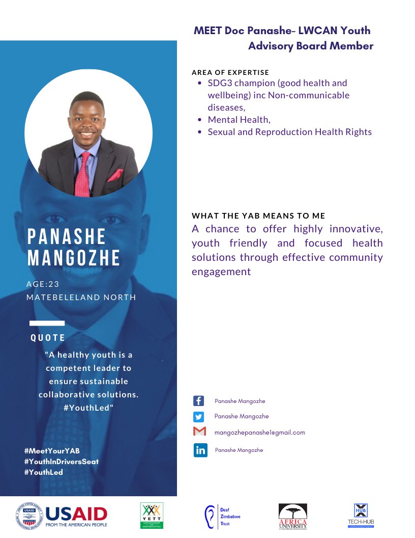 Introducing the Youth Advisory Board for the Local Works Collaborative Action Network.

Meet <a href="/PMangozhe/">Dr. Panashe Mangozhe</a> from Matebeleland North Province. 
Panashe is passionate about Academic Freedom and Mental Health issues.  
#MeetYourYAB
#youthindriversseats
#youthcanwecan
#YouthLead