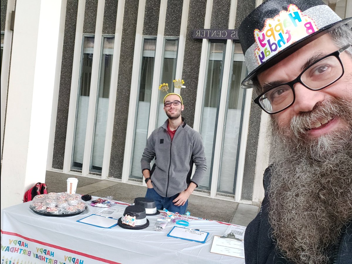 shabboshouse's tweet photo. Here we are outside at the Small Fountain outside @ualbanyCC with happy birthday cheer on this damp, chilly &amp; gloomy day at @ualbany! Stop by to find out your Hebrew birthday date and more about it! We have cupcakes, party favors, birthday hats &amp; more. Tabling until 2pm today. https://t.co/U4cVKPnprO