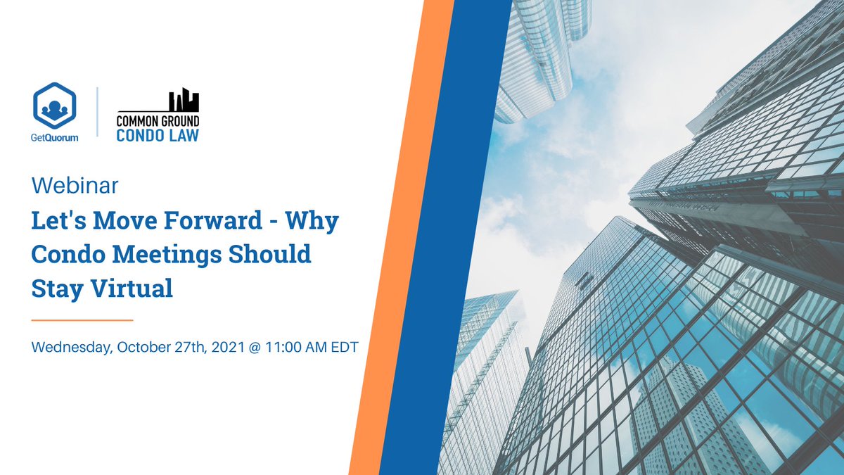 Friendly Reminder: Our webinar with <a href="/commongroundlaw/">Common Ground Condo Law</a> is only a couple of days away (Oct 27)! 

Join us as we take an in-depth look at the benefits of #virtualmeetings and the potential negative impacts of reverting back to in-person meetings.

Register at: bit.ly/3DTDL66
