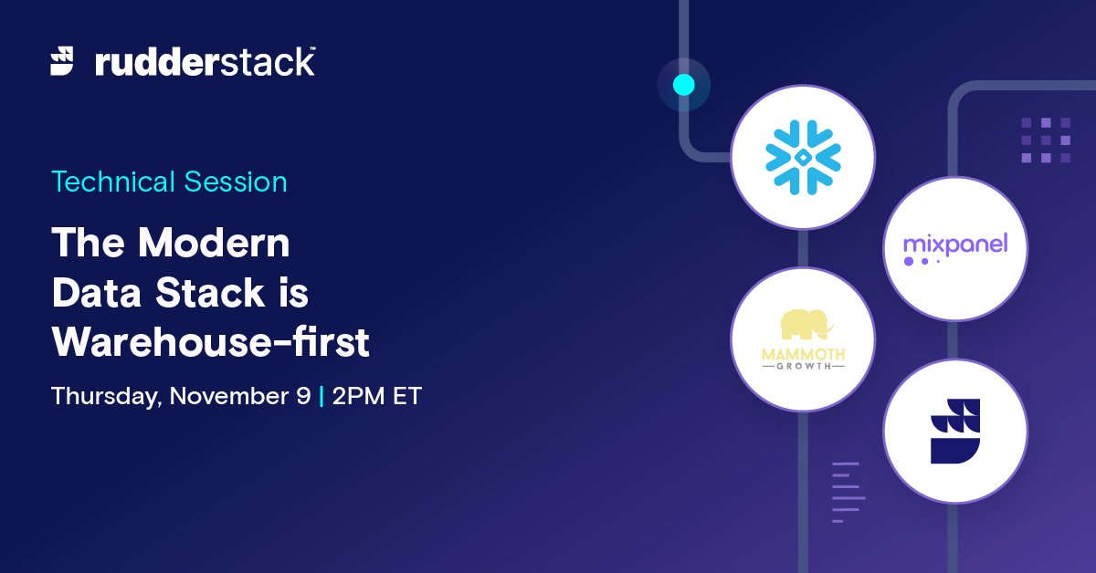 RudderStack's tweet photo. Join leaders from @SnowflakeDB,  @mammothgrowth, RudderStack, and @mixpanel to learn how building a data stack around your cloud #datawarehouse unlocks your data's full potential.

Register today 👉  https://t.co/FE3GUK7wpD https://t.co/dmvOczWx2Z