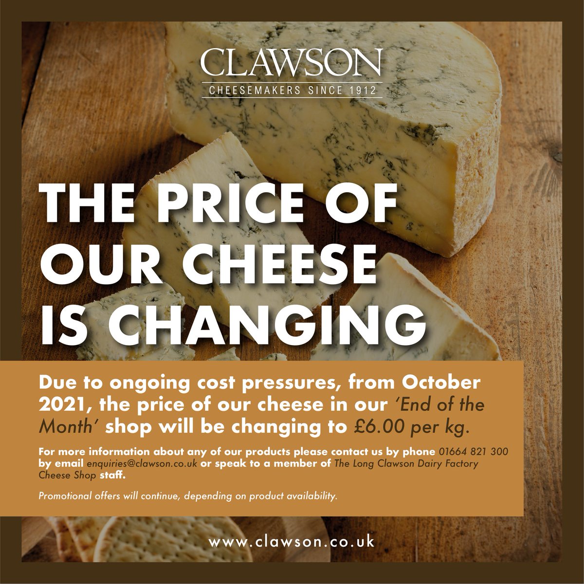 ClawsonFarms_'s tweet photo. Our ‘end of month’ shop at the #LongClawson site will be open again this Thursday, Friday and Saturday!
Please note, you may notice a slight difference in the price of our cheese.
Opening Times:
🧀 Thurs 28th | 09:00 - 16:00
🧀 Fri 29th | 09:00 - 17:00
🧀 Sat 30th | 08:00 - 13:00 https://t.co/Yh3stoNA1c