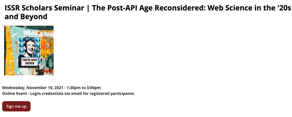 WeiaiWayne's tweet image. UMass peeps, pls join us on Nov. 10, 2021 - 1:30pm to 3:00pm for a virtual talk on #ComputationalResearch in the Post-API Age by Prof. Deen Freelon @dfreelon. Registration is open at umass.edu/issr/events/is…
@UMassISSR
@UMassAmherst
@UMassCommDept