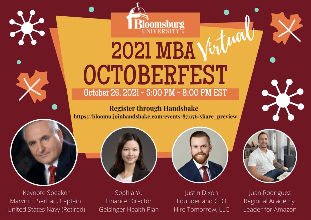 BloomsburgU's tweet photo. An evening of guest speakers from multiple industries, networking, trivia, and giveaways! 💻➡ https://t.co/n6UwngoPEZ #ZIPD #MBA #virtual https://t.co/kanT12uWoq