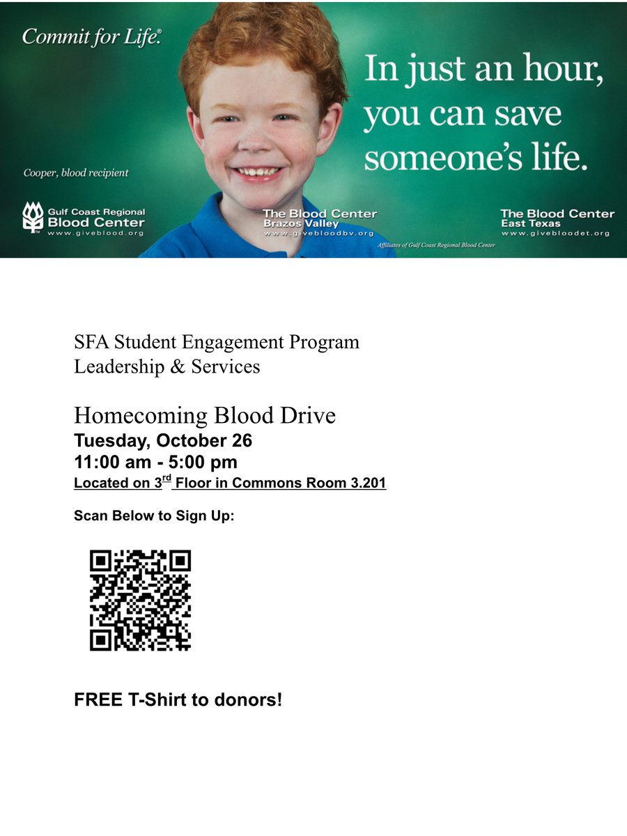 Come by tomorrow to donate blood and save some lives!! Appointments are fully booked, but we are taking all walk-ins before 5:00 PM.  Located in the Student Center 3rd Floor, Commons Room 3.201 from 11:00 am - 5:00 pm.
