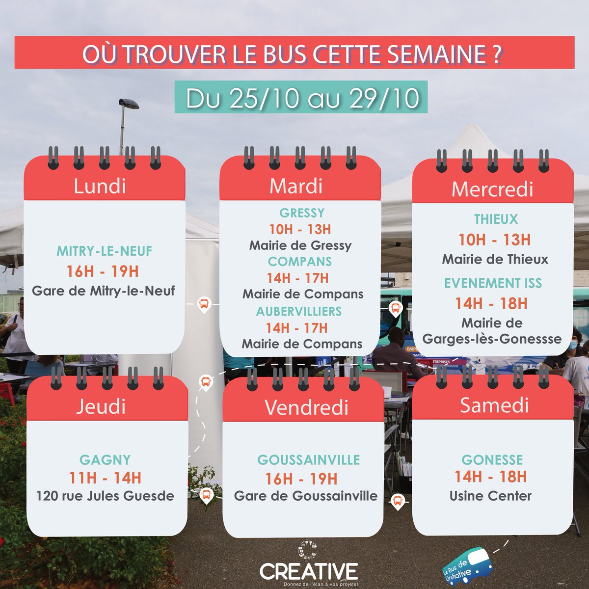 [AGENDA DU BUS]
Retrouvez le calendrier de la semaine du bus de l'initiative 🚌
Le bus parcourra les villes de Mitry-le-Neuf, Gressy, Compans, <a href="/aubervilliers93/">Aubervilliers</a> , Thieux, <a href="/VilledeGarges/">Ville de Garges</a>, Gagny, <a href="/goussainville95/">Ville Goussainville</a> et <a href="/VilleDeGonesse/">Ville de Gonesse</a>

#busdelinitiative #creative #emploi #formation