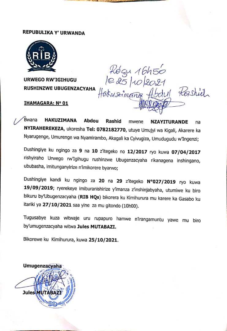 Bidasuburwaho <a href="/RIB_Rw/">Rwanda Investigation Bureau</a> yongeye guhamagaza umunyapolitiki wigenga #HakuzimanaRachid <a href="/NIYONSENGADieu1/">Cyuma Hassan Dieudonne</a> <a href="/Rwandapolice/">Rwanda National Police</a> <a href="/Radiorwanda_RBA/">RADIO RWANDA</a> <a href="/albcontact/">Albert Rudatsimburwa 🇷🇼</a> <a href="/Bagiruwubusa/">Eric BAGIRUWUBUSA</a> <a href="/IGIHE/">IGIHE</a> <a href="/oswaki/">Oswald Oswakim</a>